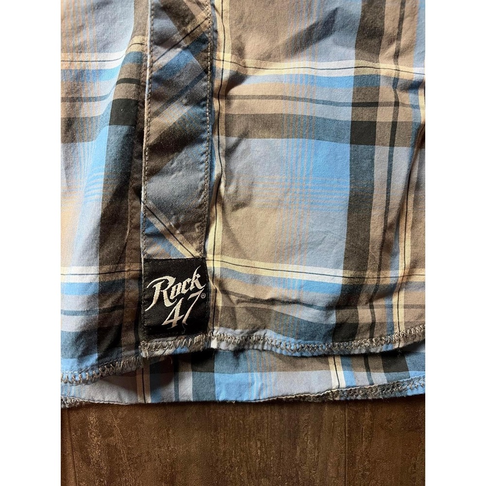 Rock 47 by Wrangler Western Shirt Mens XL Blue Plaid Embroidered Yoke Snap Front - Picture 2 of 7